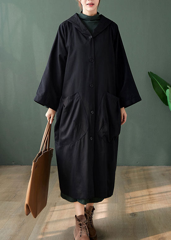 Handmade Black Button Pockets Loose Fall Long Sleeve Hoodie Coat