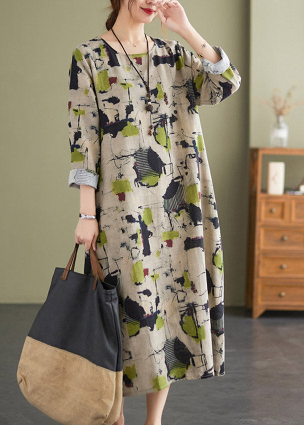 Retro O-neck Print Pockets Linen Vacation Dresses Long Sleeve