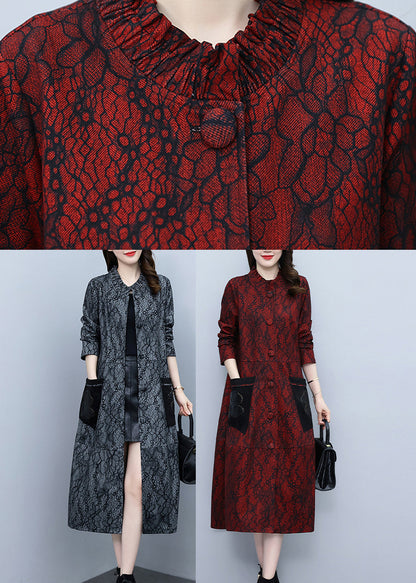 Red Stand Collar Print Long Trench Coats Spring