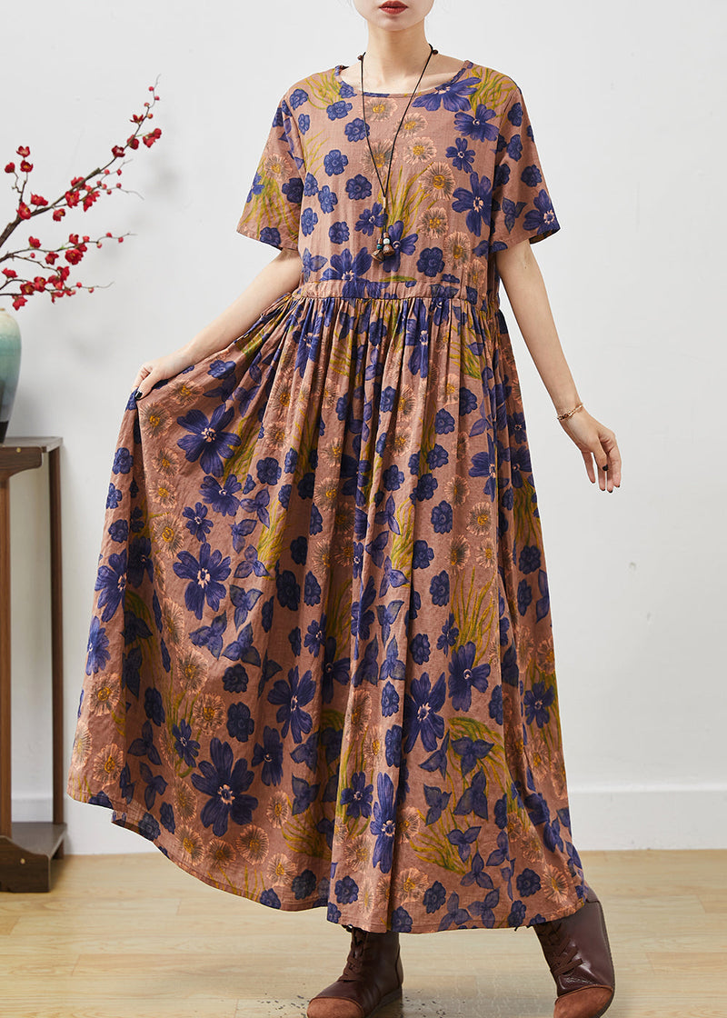 Brown Cinched Print Cotton Long Dresses Summer
