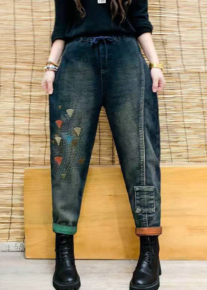 Diy Colorblock Elastic Waist Drawstring Pockets Patchwork Cotton Denim Pants Fall