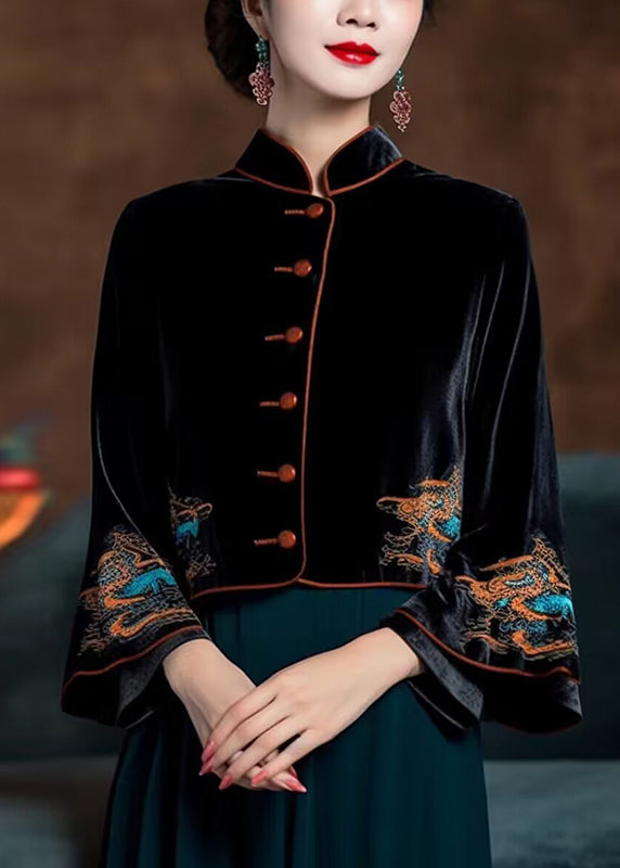 Black Embroideried Button Silk Velour Coats Flare Sleeve