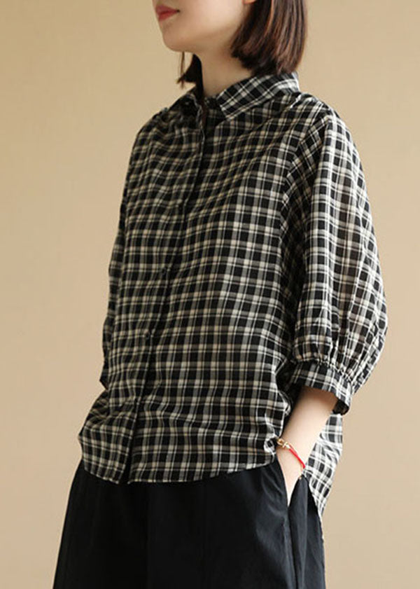 Black Peter Pan Collar Plaid Cotton Shirt Top Bracelet Sleeve Summer