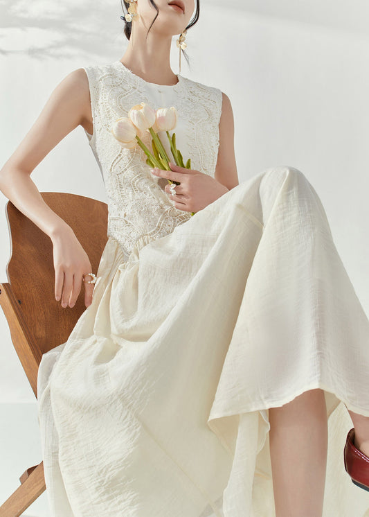White O-neck Embroidered Patchwork Holiday Long Dress Summer