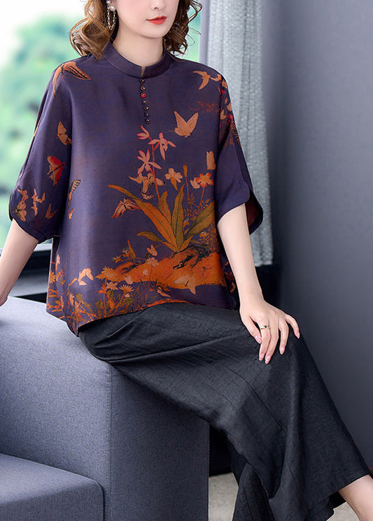Purple Stand Collar Print Silk Shirts and Pants 2 Piece Outfit Half Sleeve