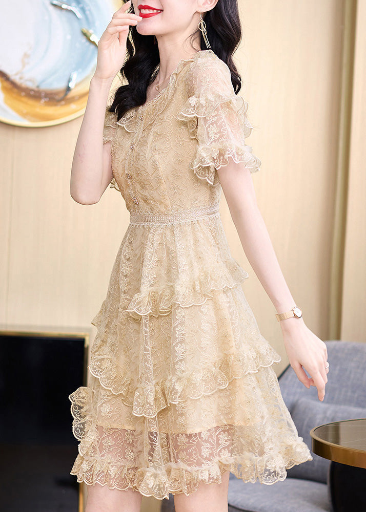 Khaki Embroidered Ruffled Lace Mid Dress Summer