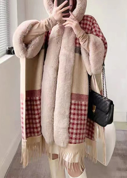 Plaid Hooded Tasseled Patchwork Warm Fleece Cape Coat Half Sleeve