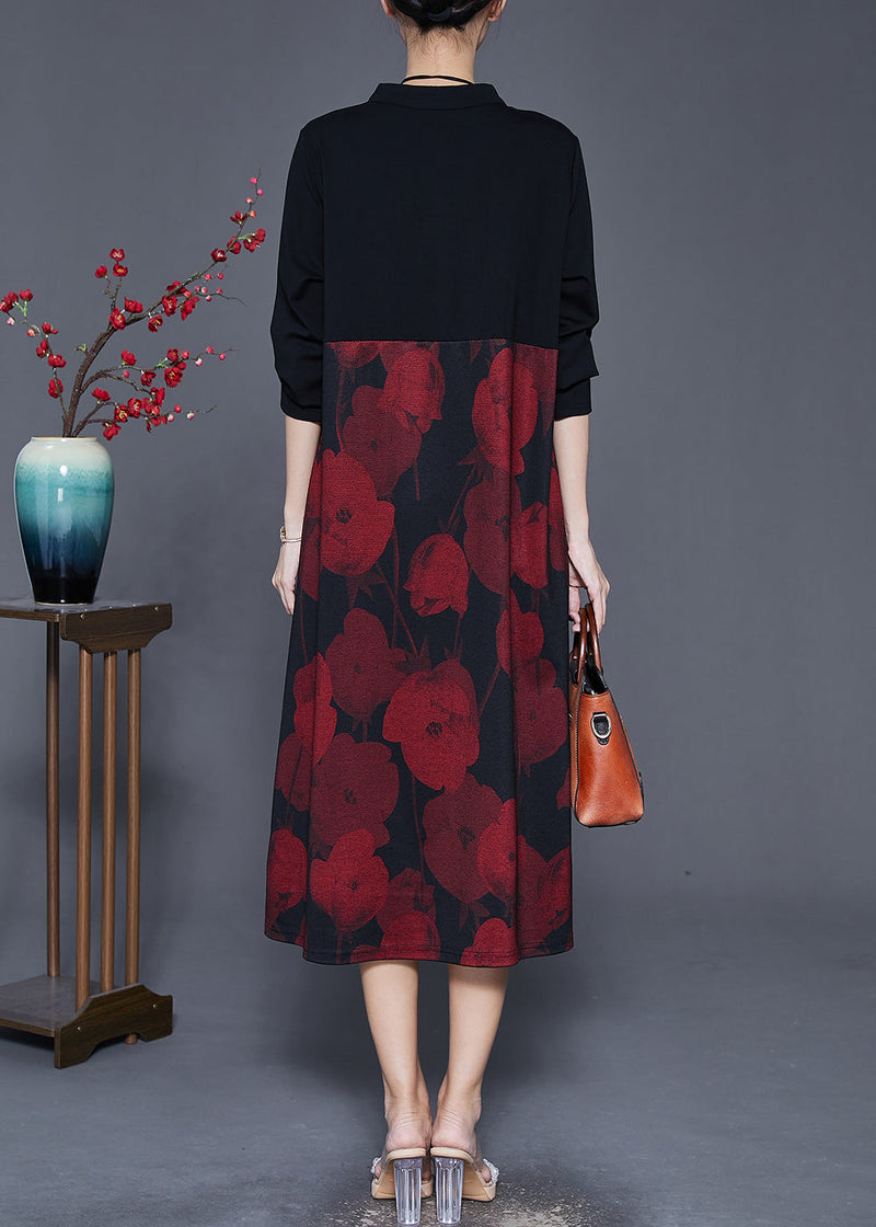 Red Mandarin Collar Print Cotton Holiday Dress Spring