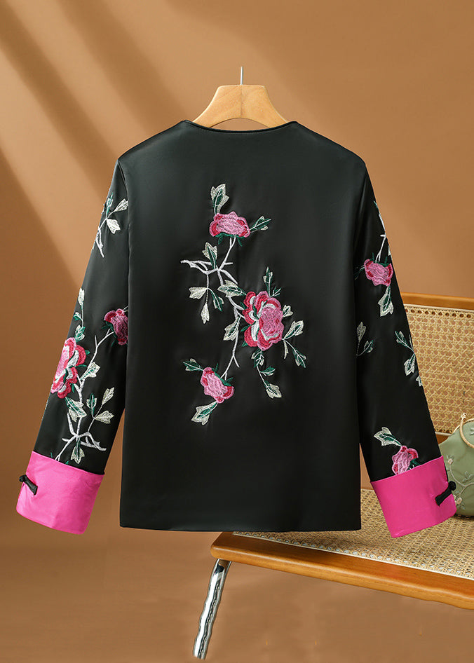 Original Design Black Print Button Silk Coats Fall