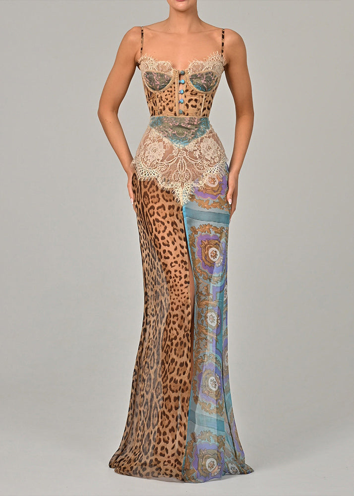 Blue Leopard Lace Patchwork Chiffon Spaghetti Strap Dress Sleeveless Summer