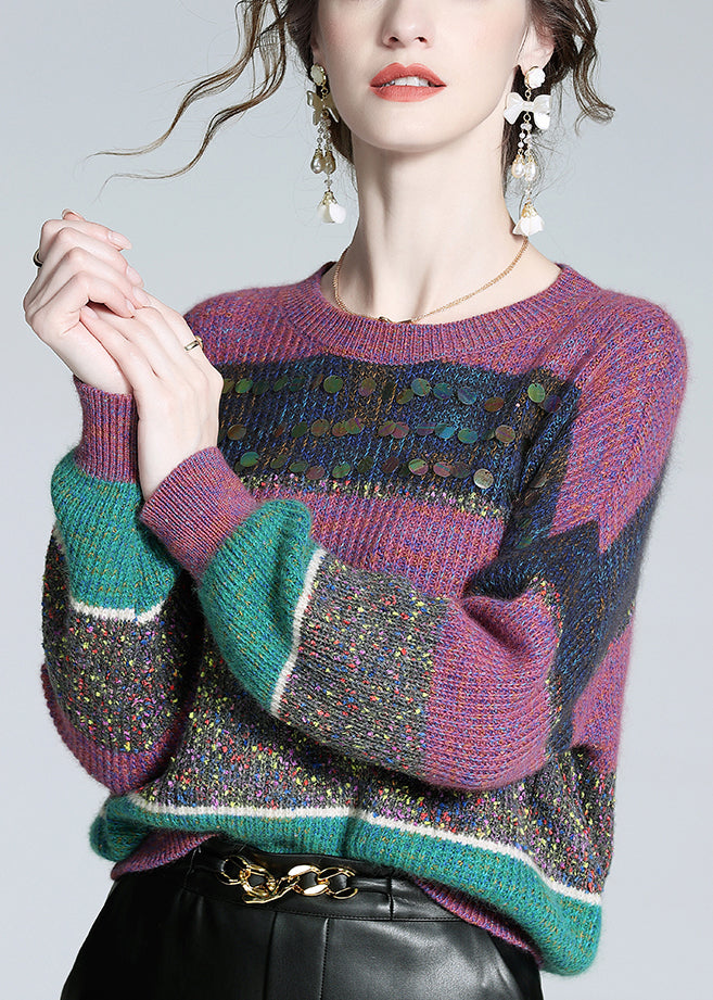 Purple Striped Sequins Cashmere Knit Sweater Winter