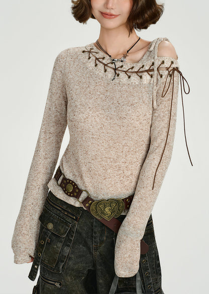 Apricot Asymmetrical Tie Lace Cotton Knit Sweaters Top Fall
