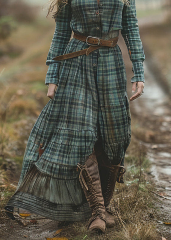 -green-v-neck-plaid-button-chiffon-long-dress-spring