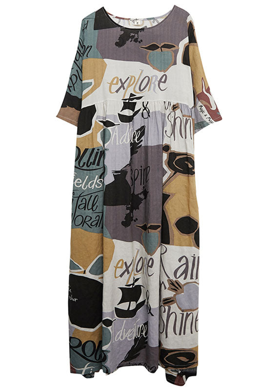 Grey O-neck Print Wrinkled Cotton Maxi Dresses Short Sleeve