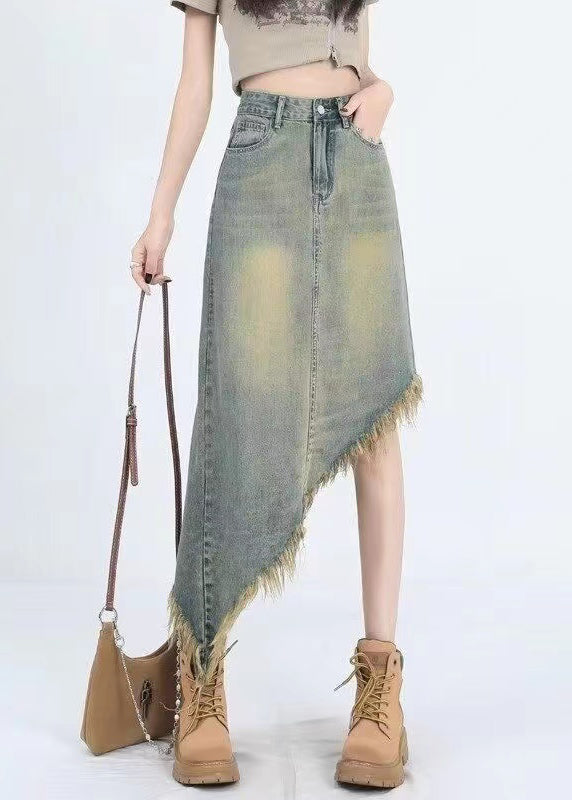 Blue Asymmetrical Tasseled Denim Skirt Summer