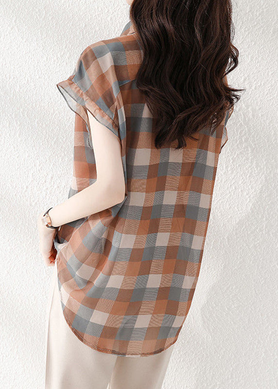 Peter Pan Collar Plaid Chiffon Shirts Short Sleeve