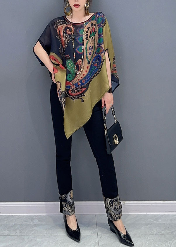 Colorblock Asymmetrical Print Chiffon Top Batwing Sleeve