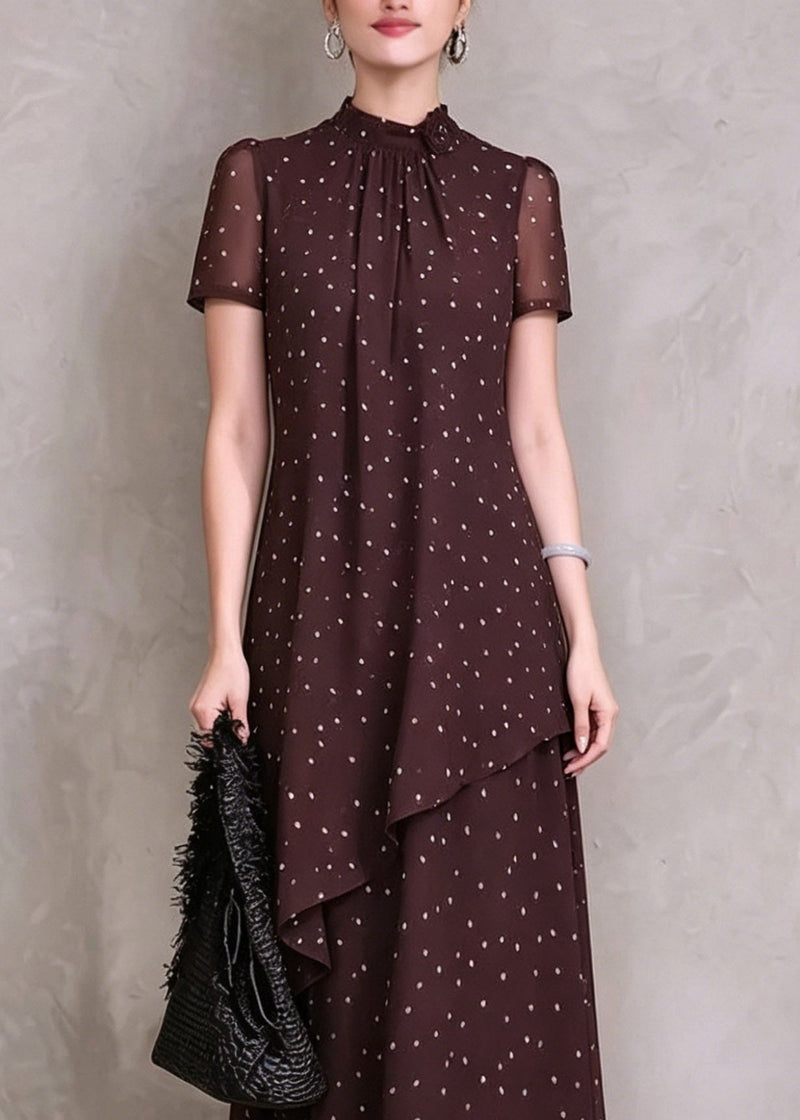 Brown Red Asymmetrical Dot Print Maxi Dresses Short Sleeve