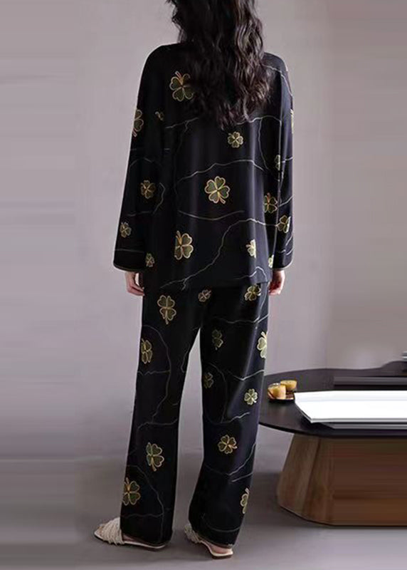 Black Print Button Cotton Two Pieces Set Long Sleeve