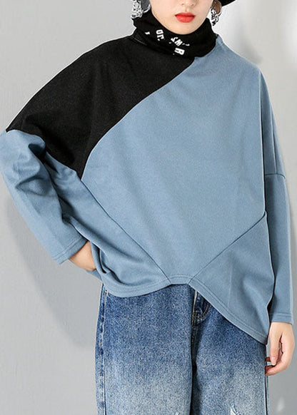 Blue Turtle Neck Patchwork Tops Spring