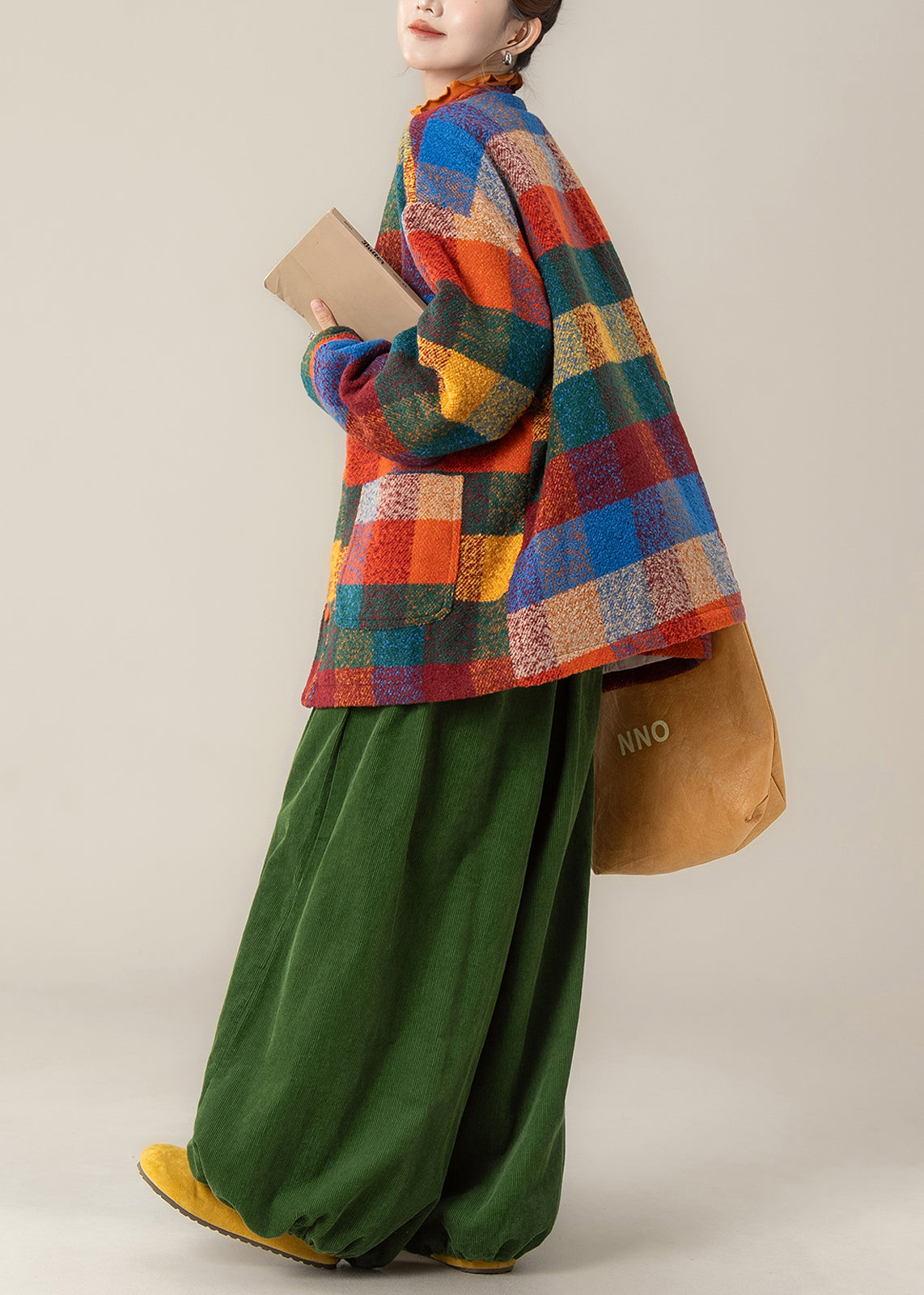 Plaid Pockets Woolen Coat and Green Pants Two Pieces Set Winter