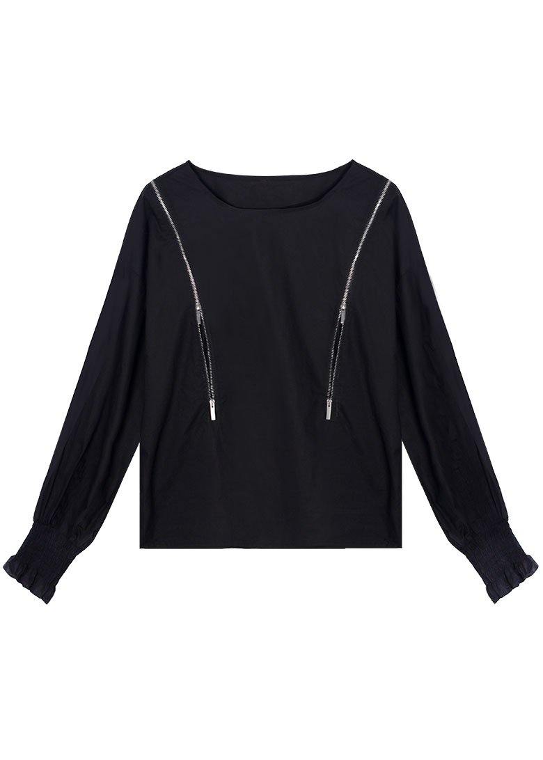 Black O-neck Zippered Fall Top Long Sleeve