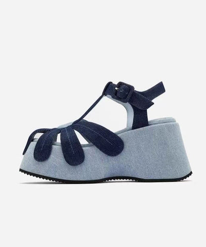 Blue Wedge Denim Fabric Splicing Hollow Out Sandals