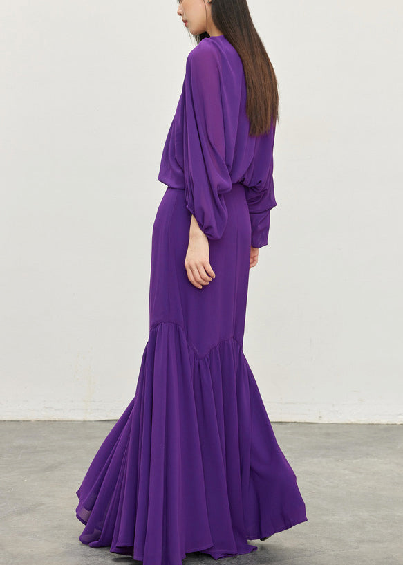 Purple Wrinkled Tops and Skirts Chiffon Two Pieces Set Batwing Sleeve