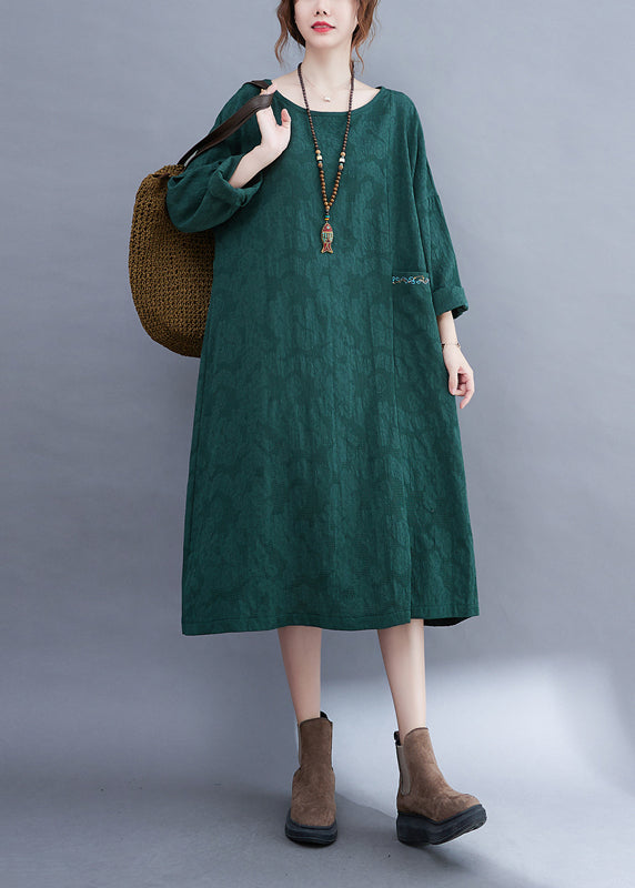 Green O-neck Side Open Jacquard Pocket Linen Dress Long Sleeve