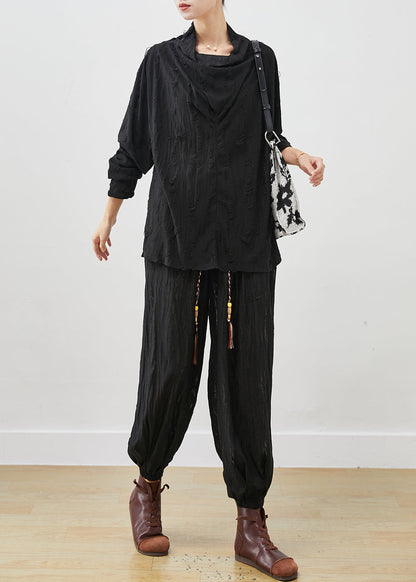 Black Loose Cotton Ripped Two-piece Set Turtle Neck Spring