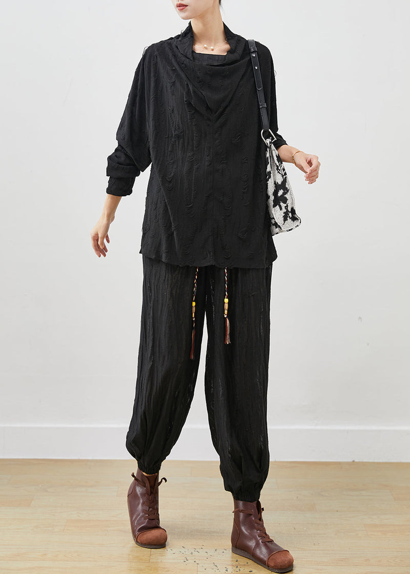 Black Loose Cotton Ripped Two-piece Set Turtle Neck Spring