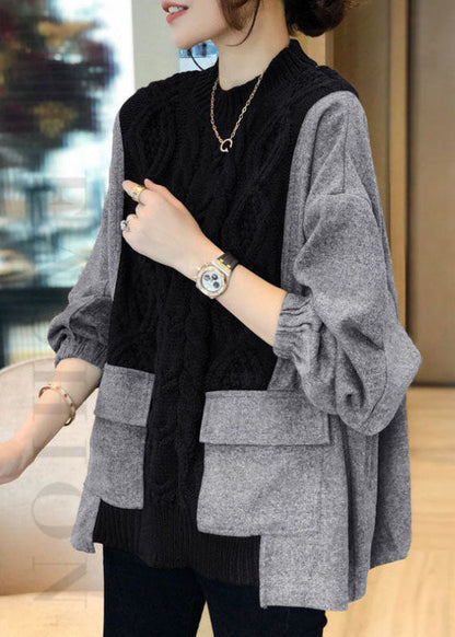 Fitted Black O-neck Knit Patchwork Loose Fall Sweater