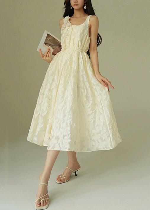 Jacquard Beige Tie Waist Cotton Party Dress Sleeveless