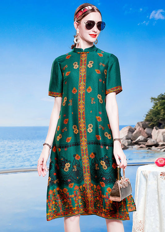 Blue Green Mandarin Collar Print Side Open Silk Cheongsam Dresses Short Sleeve