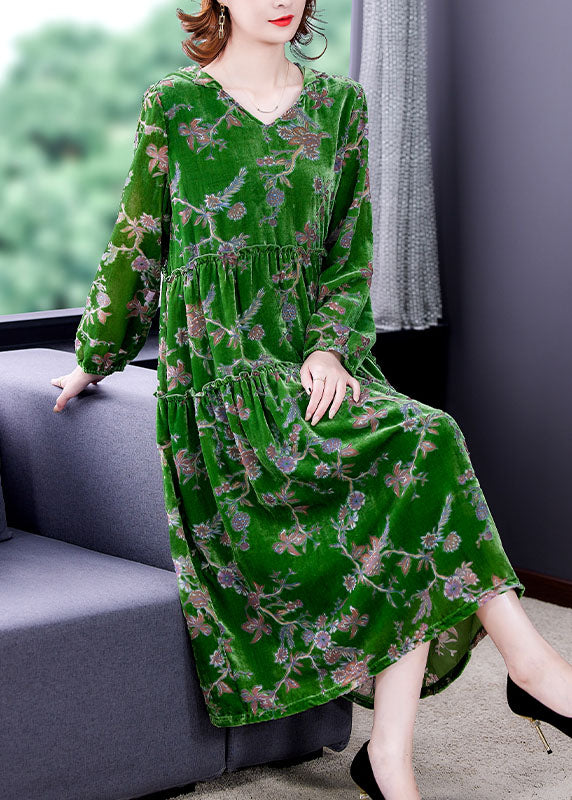 Green Ruffled Patchwork Velour Dresses Spring