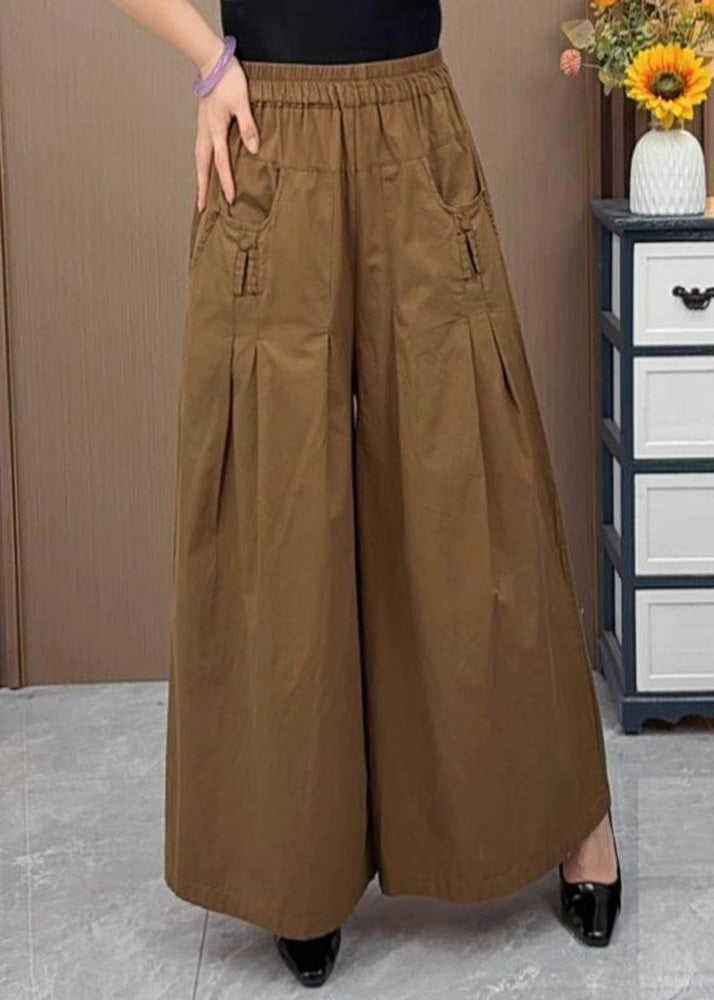 Brown Oversized Pockets Wrinkled Cotton Pants Skirts Fall