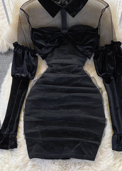 Black Peter Pan Collar Tulle Patchwork Bow Velour Hip Dress Long Sleeve