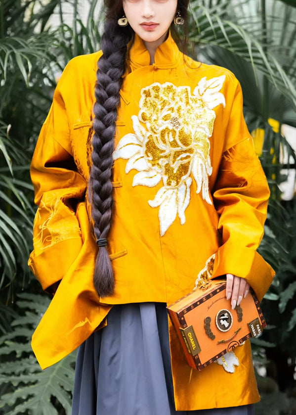 Chinese Style Yellow Button Print Blend Coats Long Sleeve