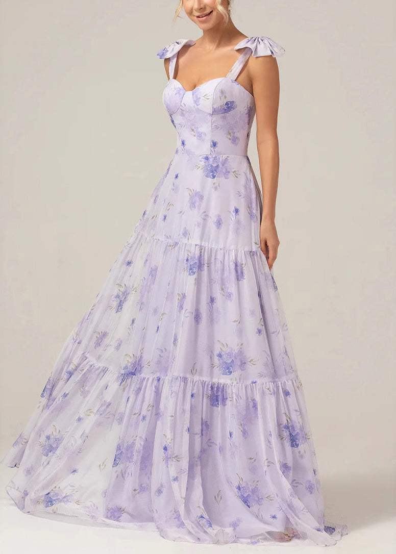 Purple Print Lace Up Chiffon Long Dress Summer