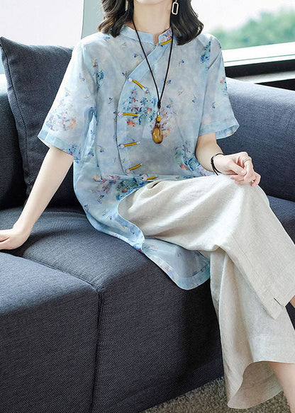 Light Blue Mandarin Collar Asymmetrical Design Print Linen Tops and Pants 2 Piece Outfit Summer