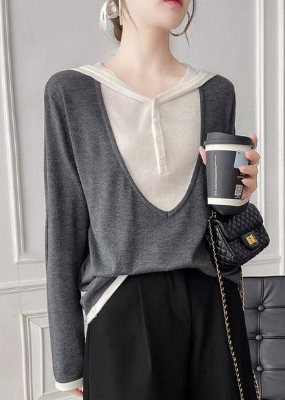 Coffee Hooded Patchwork False Two Pieces Cotton Knit Tops Fall