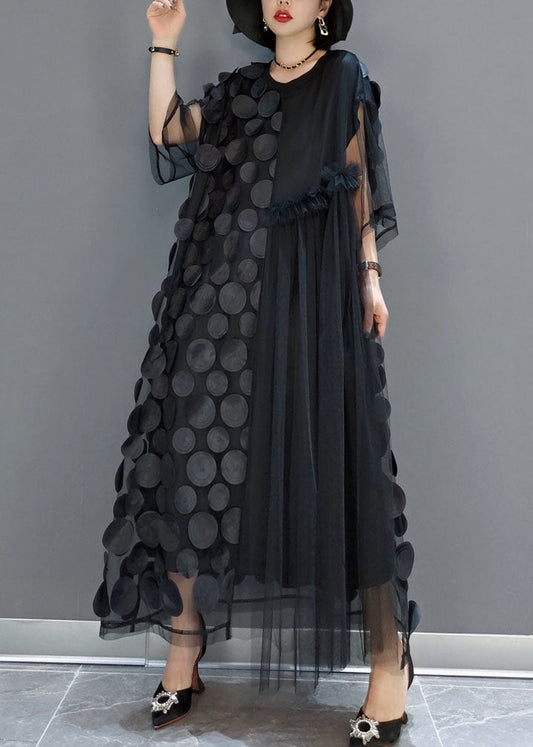 Black Tulle Party Dresses O-neck Asymmetrical Half Sleeve