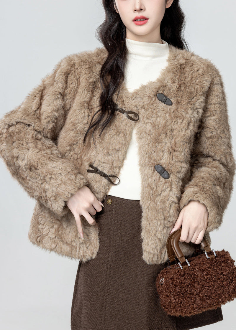 Khaki O Neck Button Teddy Faux Fur Coat Winter