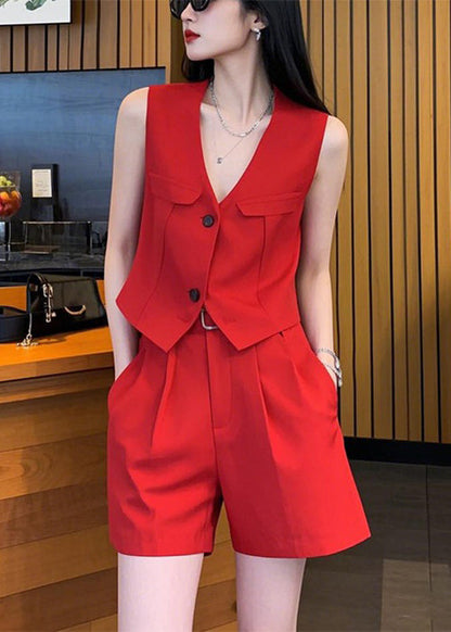New Red V Neck Button Waistcoat and Shorts Spandex Two Pieces Set Sleeveless