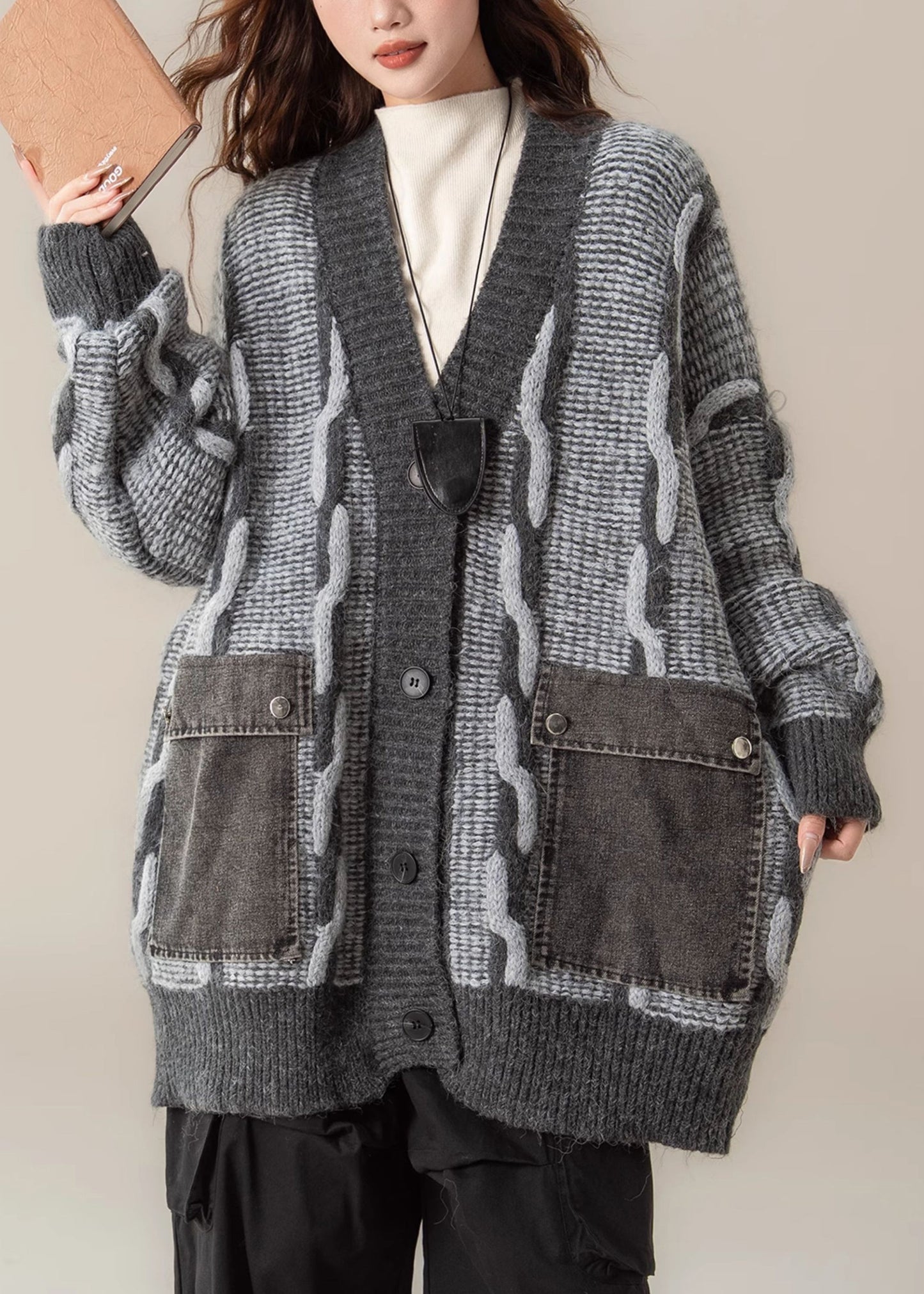 Grey V Neck Pockets Patchwork Knit Coats Spring