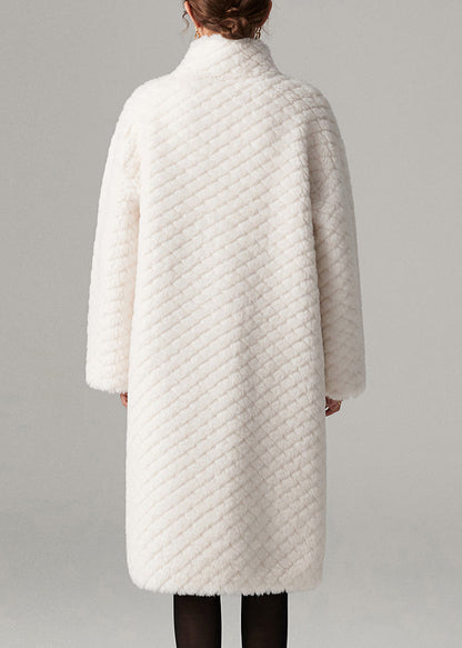 White Stand Collar Pockets Faux Fur Maxi Coats Winter