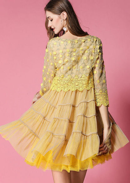 Natural Yellow O Neck Patchwork Wrinkled Tulle Mid Dress Spring