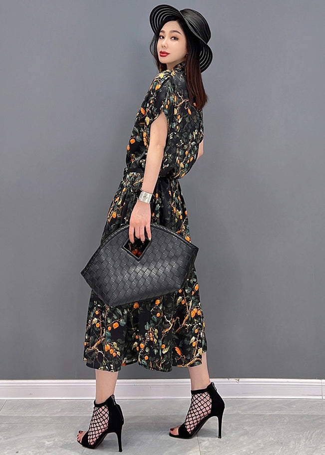 Black V Neck Print Silk Long Dress and Tulle Long Cardigan Two Pieces Set Summer