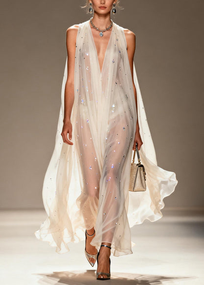 White Rhinestone Draping Chiffon Sheer Dress Sleeveless Summer