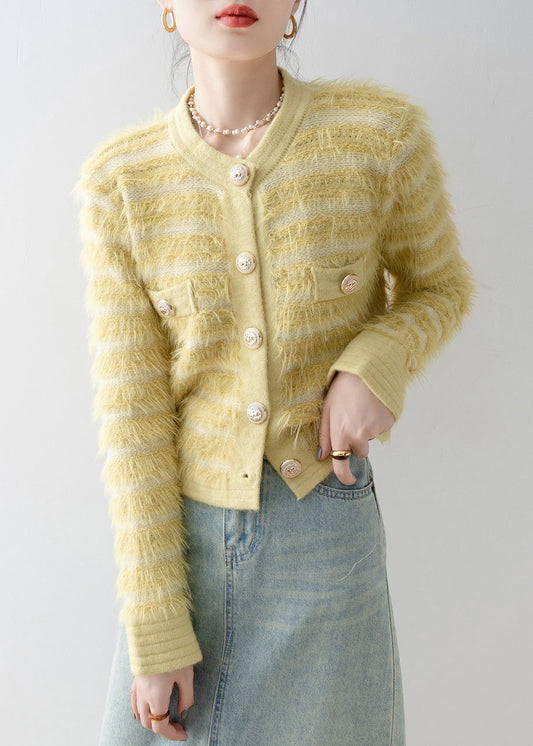 Italian Yellow O Neck Button Mink Hair Knitted Cardigans Spring